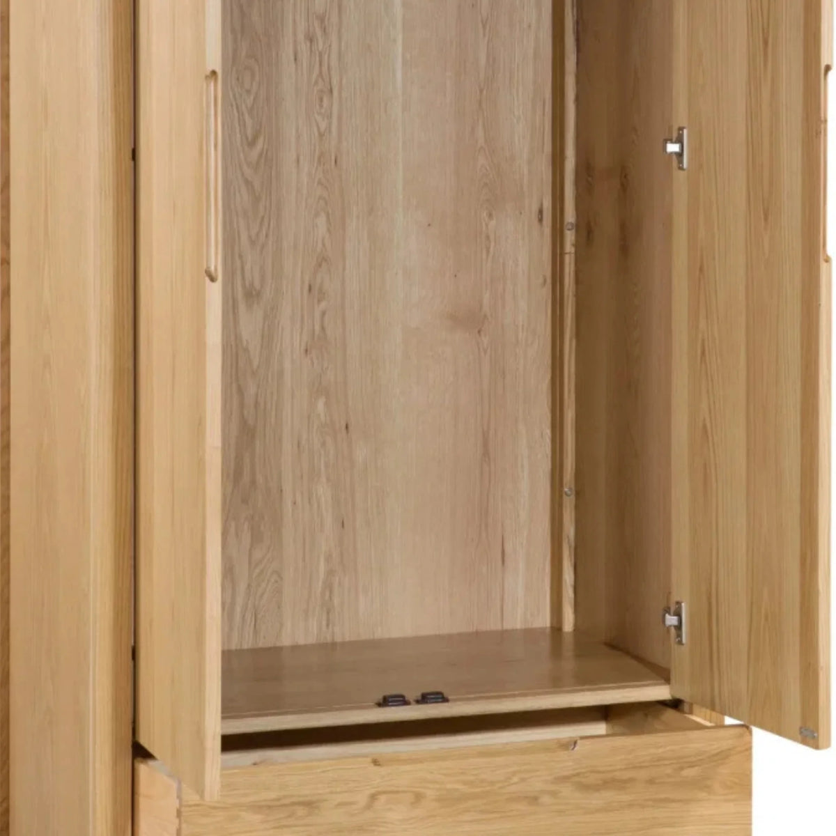 Curve Oak 2-Door Combination Wardrobe – interior view with doors open
