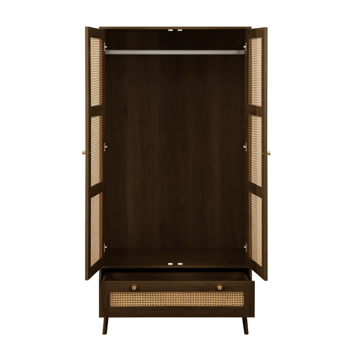 Croxley Walnut Rattan 2-Drawer Combination Wardrobe – front view with open doors and drawer