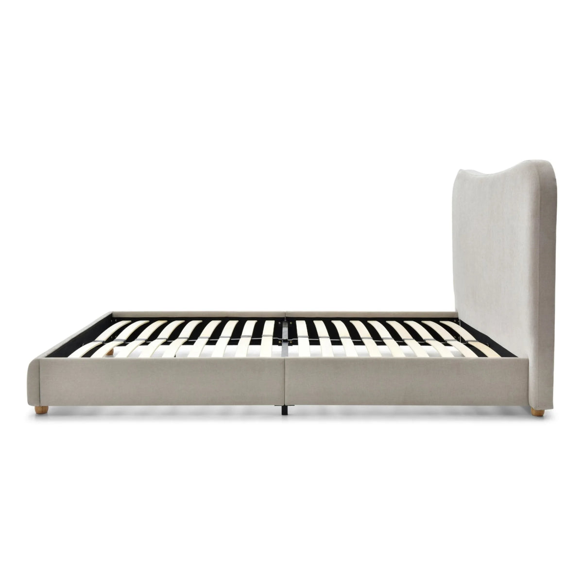 Mollie Oatmeal Upholstered Bed – base structure with slats view