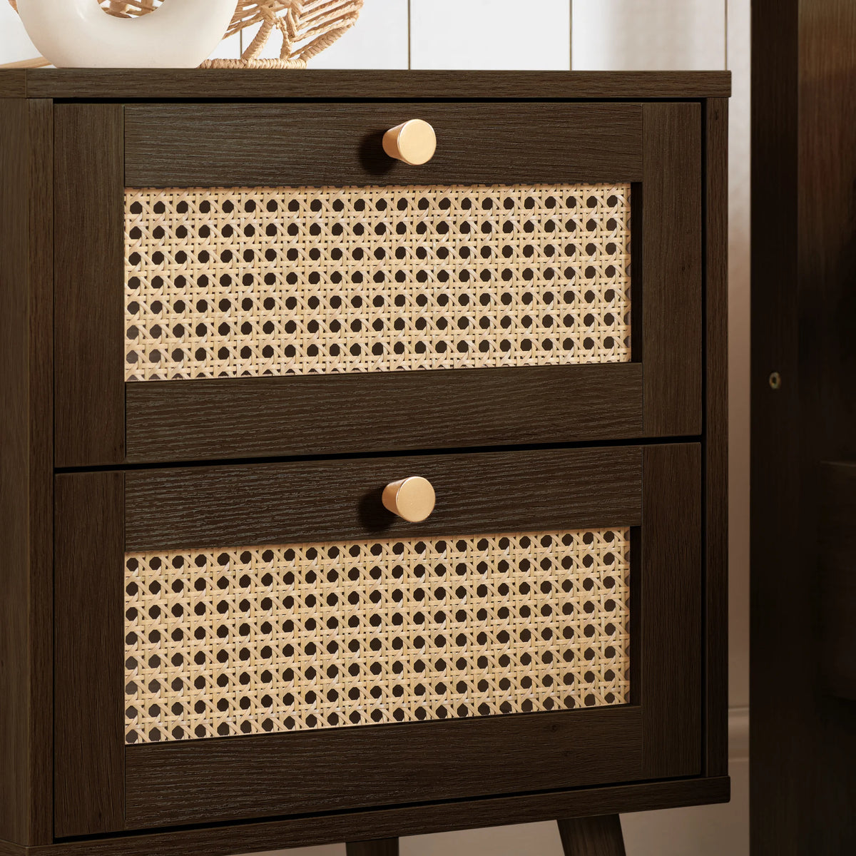 Croxley Walnut Rattan 2-Drawer Bedside Table – rattan drawer detail close-up