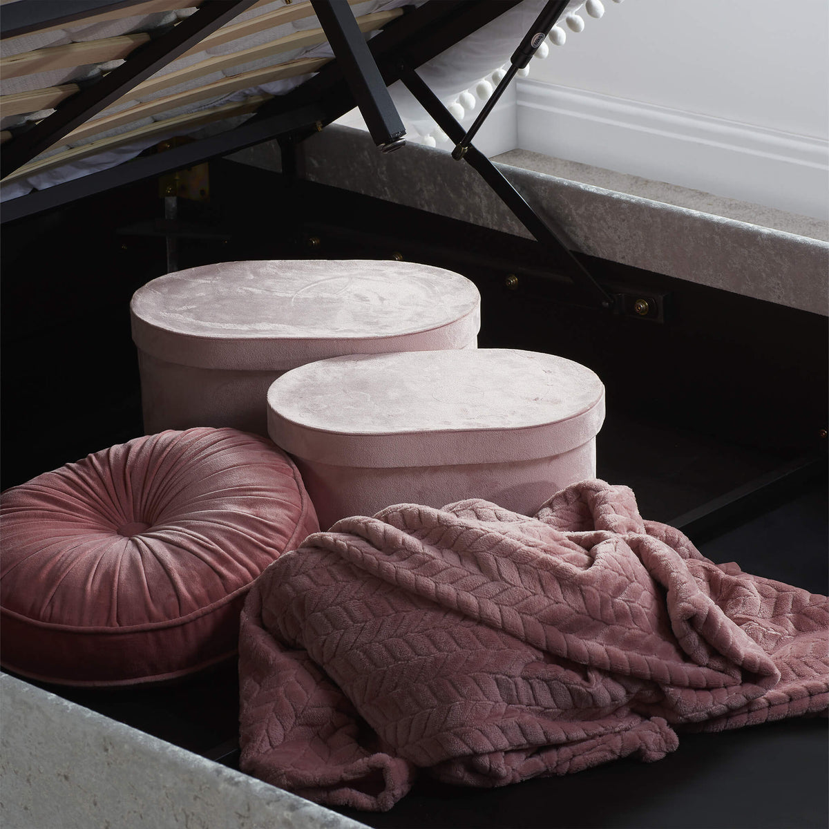 Berlin Steel Crushed Velvet Fabric Ottoman Bed Frame