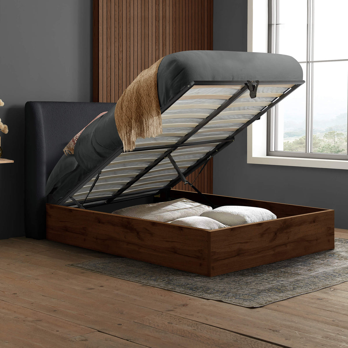 Halfden Boucle and Wooden Ottoman Bed Grey