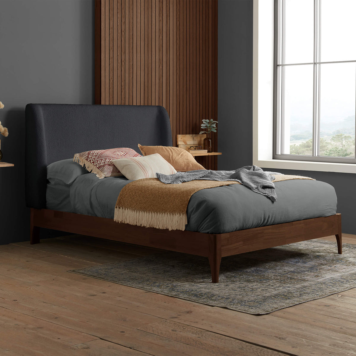 Halfden Boucle and Wooden Bed Grey