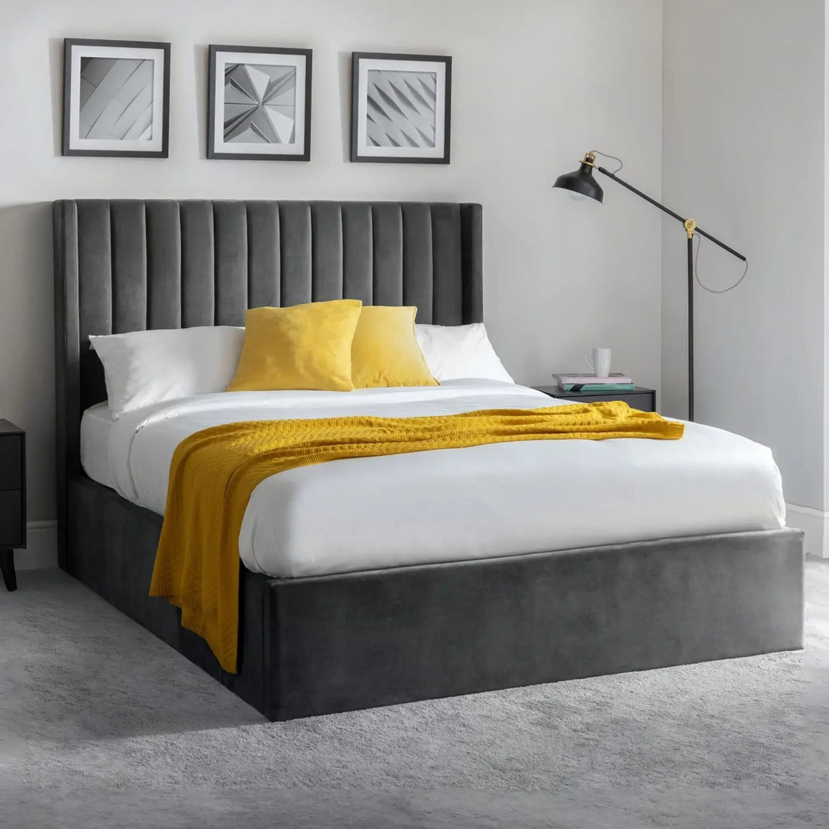 Langham Grey Velvet Ottoman Bed