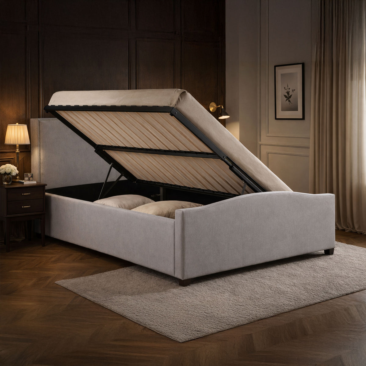 Lisbon Sand Fabric Ottoman Bed Frame