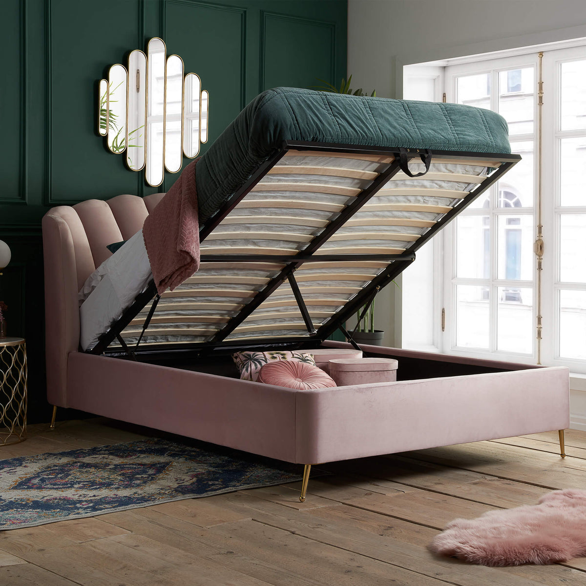 Lottie Pink Upholstered Ottoman Bed