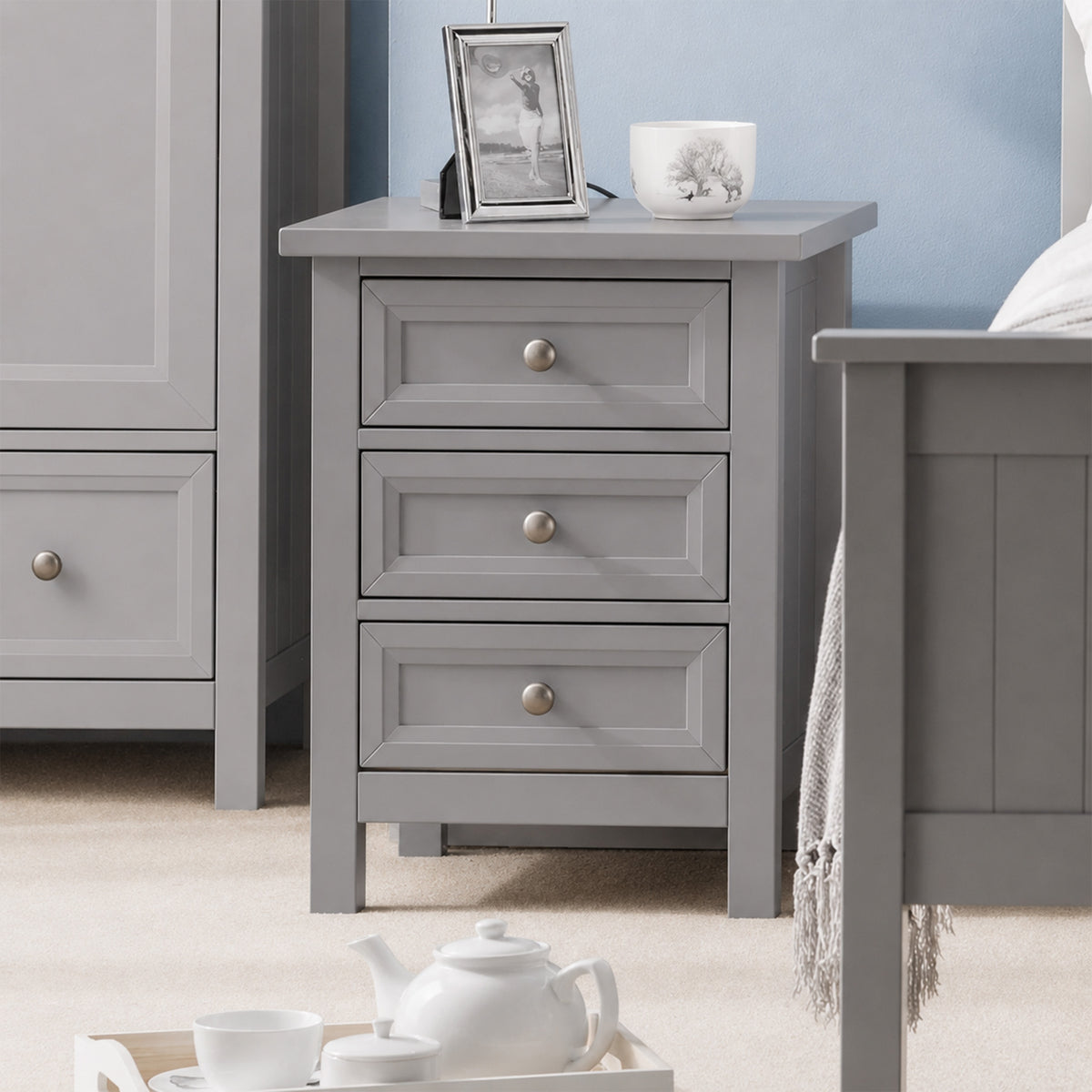 Maine Grey Wooden 3-Drawer Bedside Table