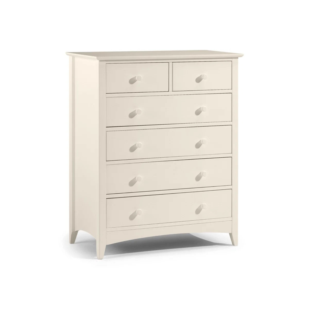Cameo White 6-Drawer Chest – studio front view with drawers open Drawers