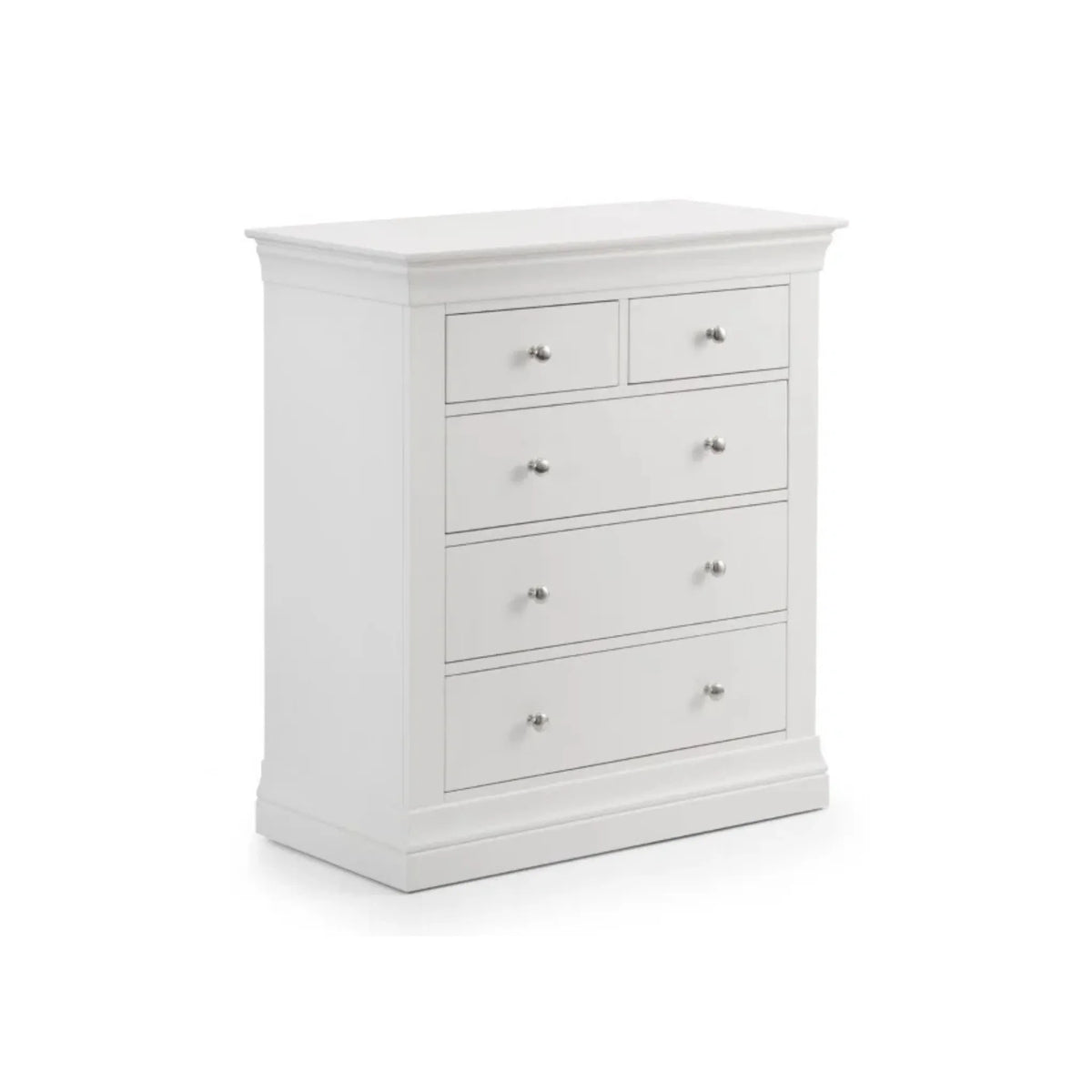 Clermont White Wooden 5-Drawer Chest – front view with open drawers