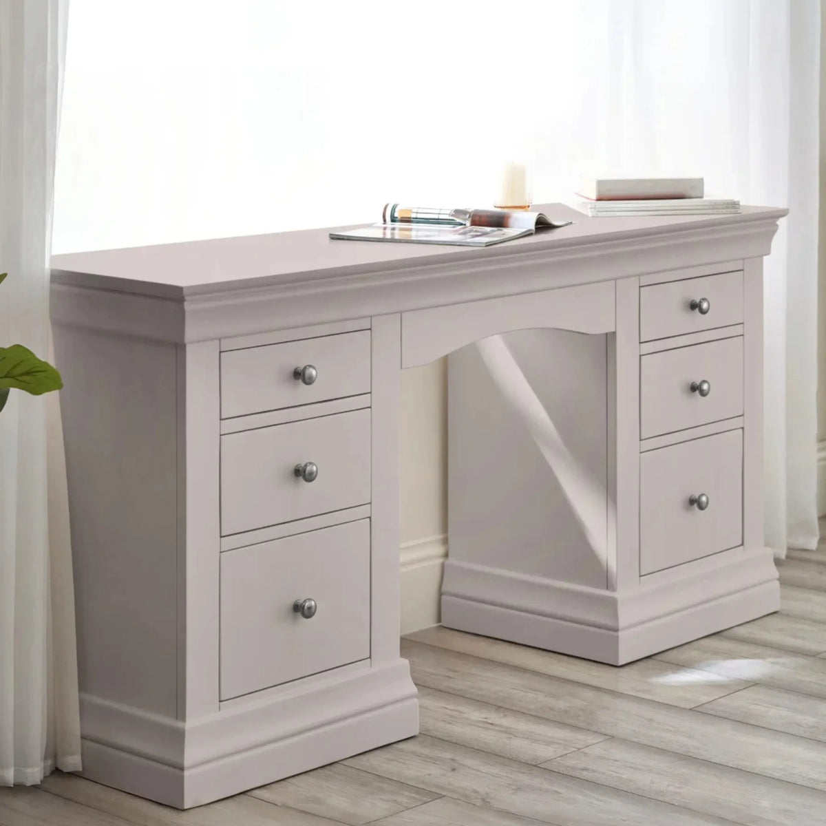 Clermont Grey Wooden 6-Drawer Dressing Table – three-quarter front view