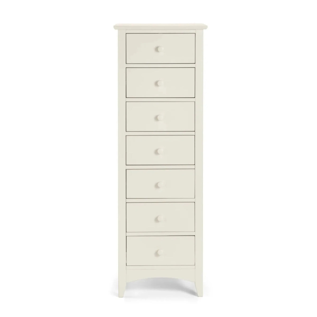 Cameo White 7-Drawer Tallboy – open drawers studio view
