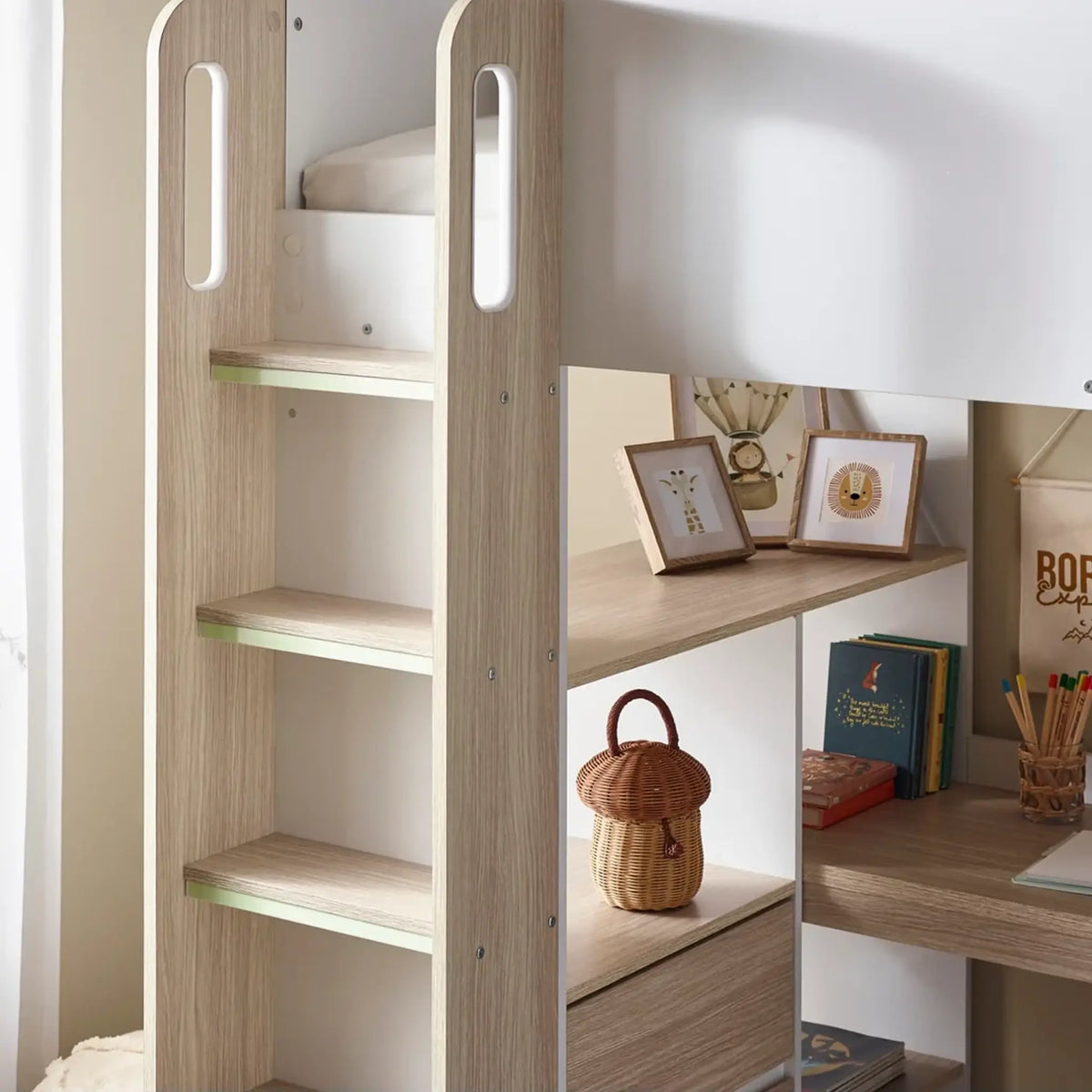 Ocean White and Brown Wooden High Sleeper Bed
