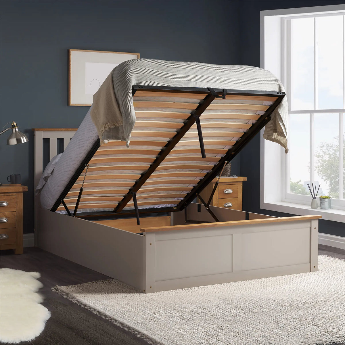 Phoenix Pearl Grey Wooden Ottoman Bed Frame