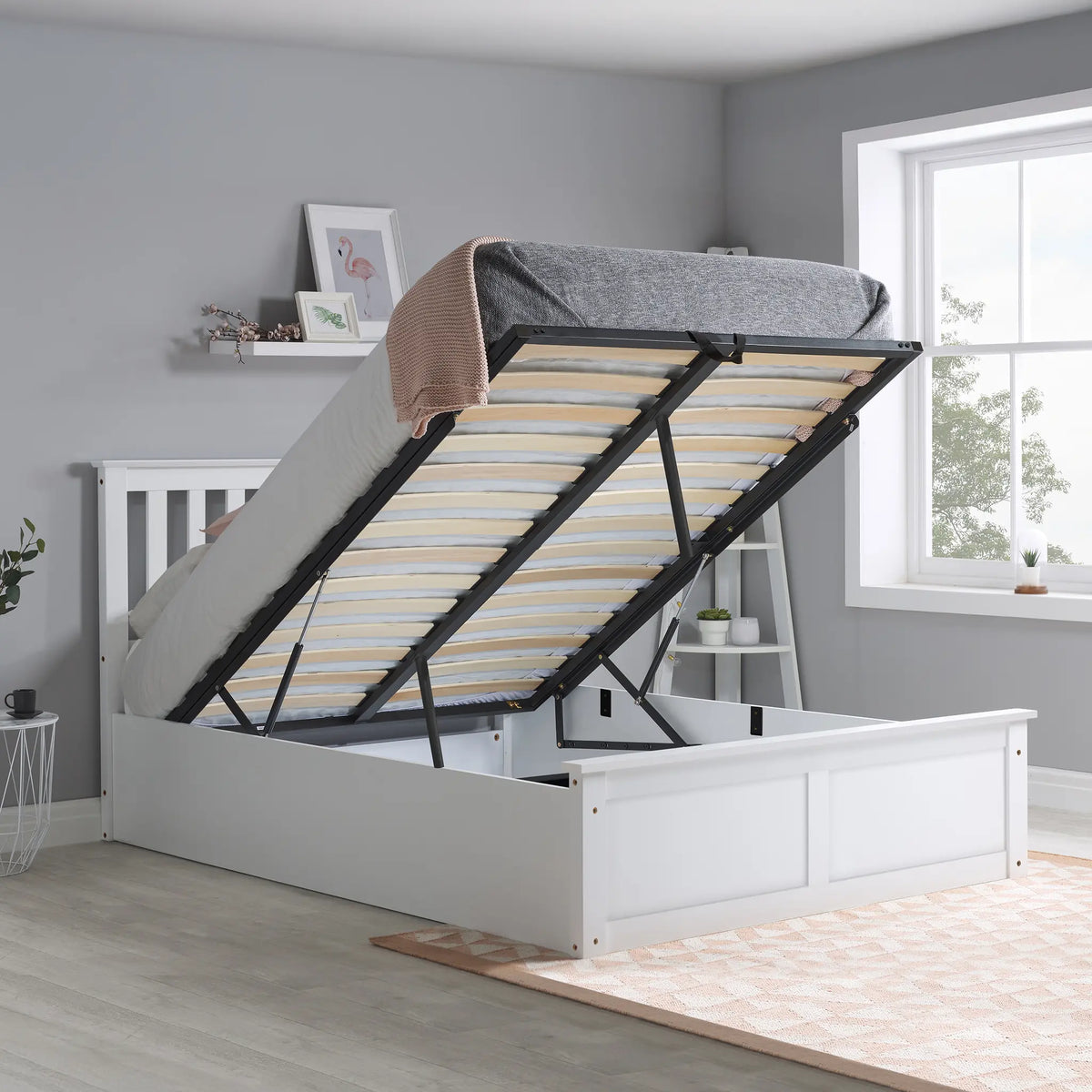 Phoenix White Wooden Ottoman Bed Frame
