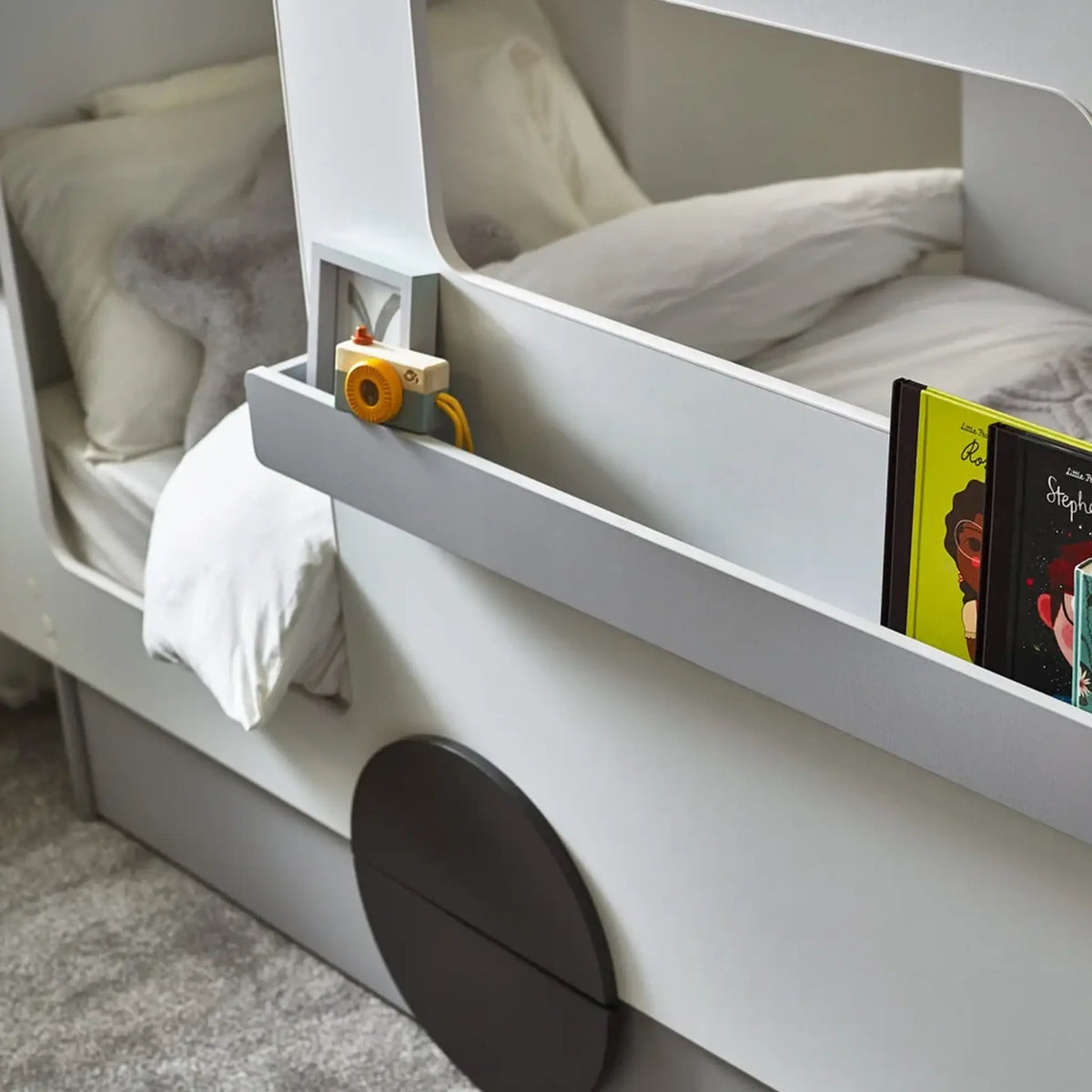 Tourer Caravan White and Grey Wooden Bed
