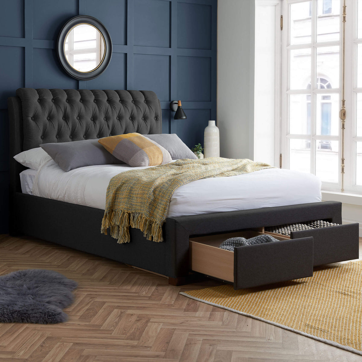 Valentino Charcoal 2 Drawer Fabric Bed Open