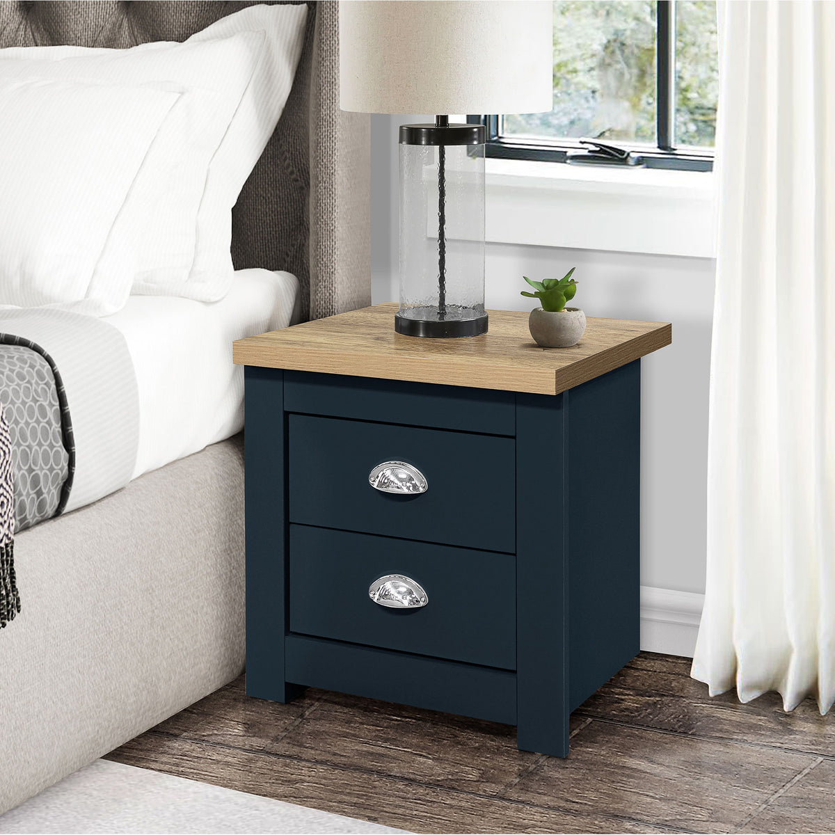 Highgate Navy Blue & Oak 2 Drawer Bedside