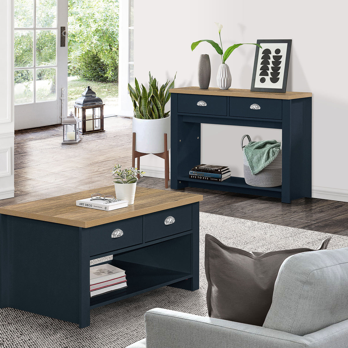 Highgate Navy Blue & Oak 2 Drawer Console Table