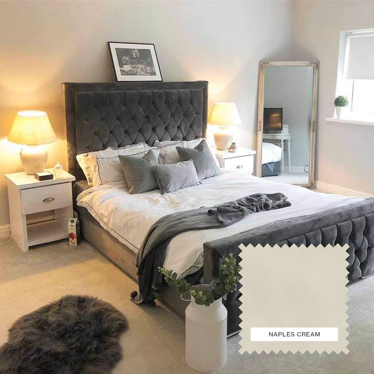 Ivy Upholstered Bed Frame Naples Cream Grove Bedding