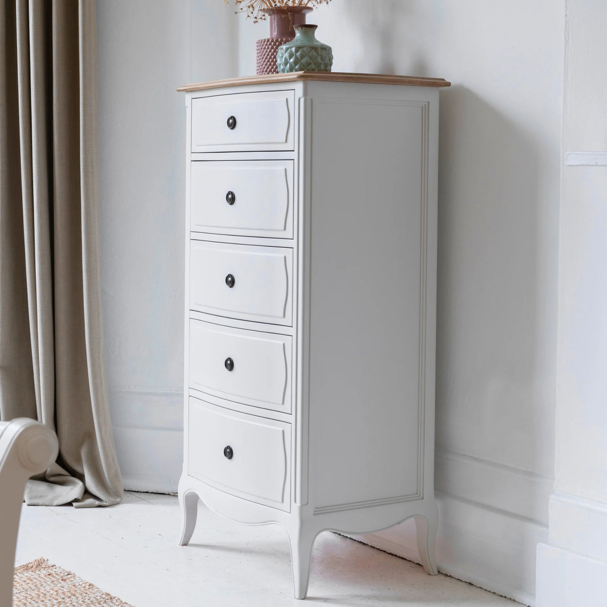 Amelie White Wooden 5-Drawer Tallboy – three-quarter front view