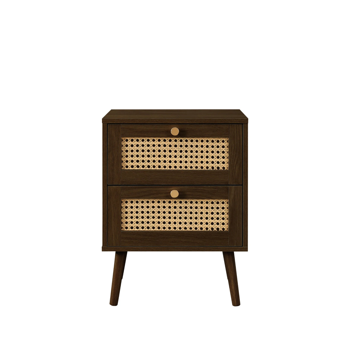 Croxley Walnut Rattan 2-Drawer Bedside Table – front view