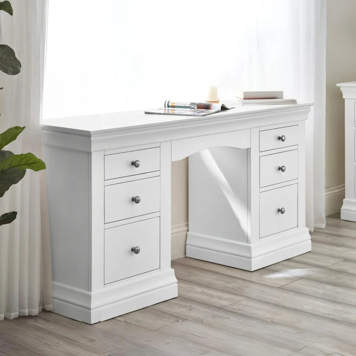 Clermont White Wooden 6-Drawer Dressing Table – angled front view with open drawers