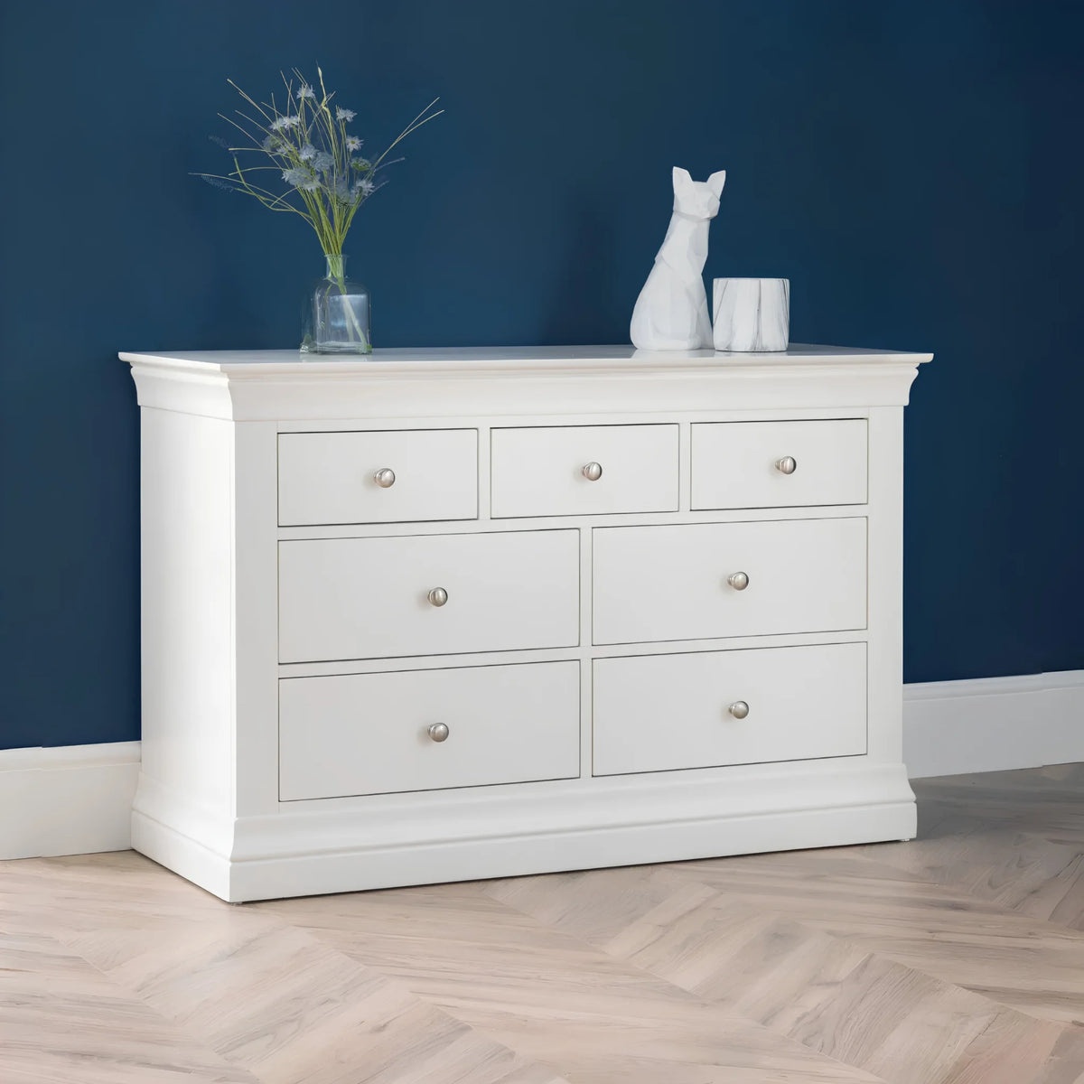 Clermont White Wooden 7-Drawer Chest – three-quarter front view