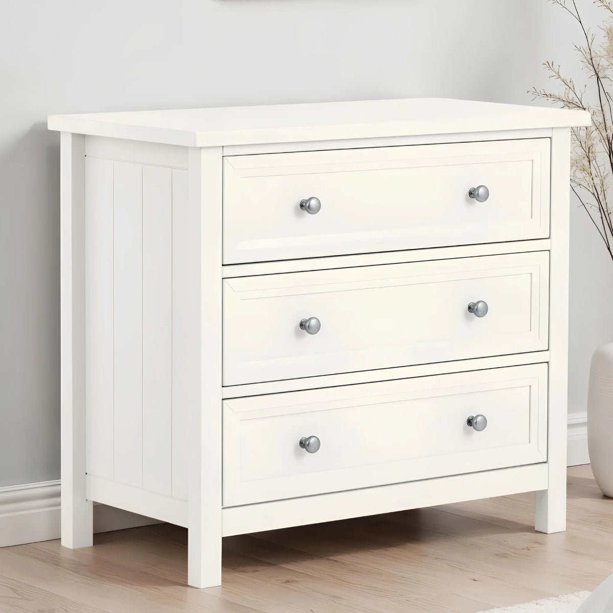 Maine White Wooden 3-Drawer Chest – three-quarter front view