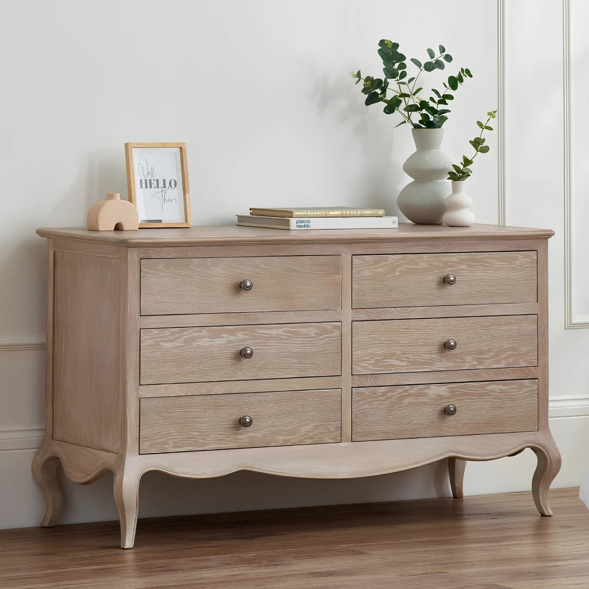 Camille Limed Oak 6-Drawer Wide Chest – front view