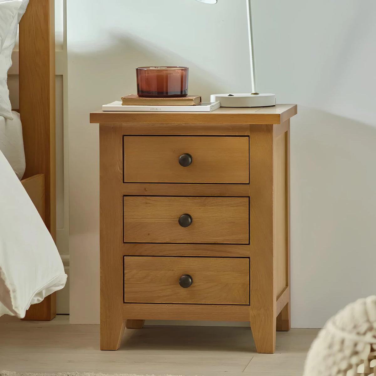 Marlborough Oak 3-Drawer Bedside Chest – front view