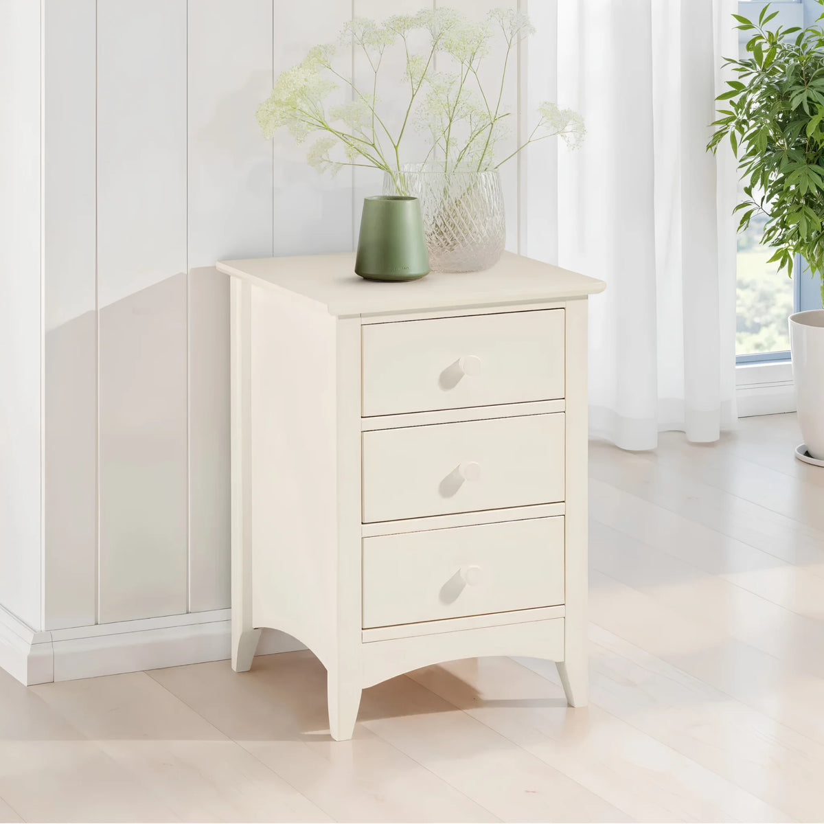 Cameo White 3-Drawer Bedside Chest – front view in room setting