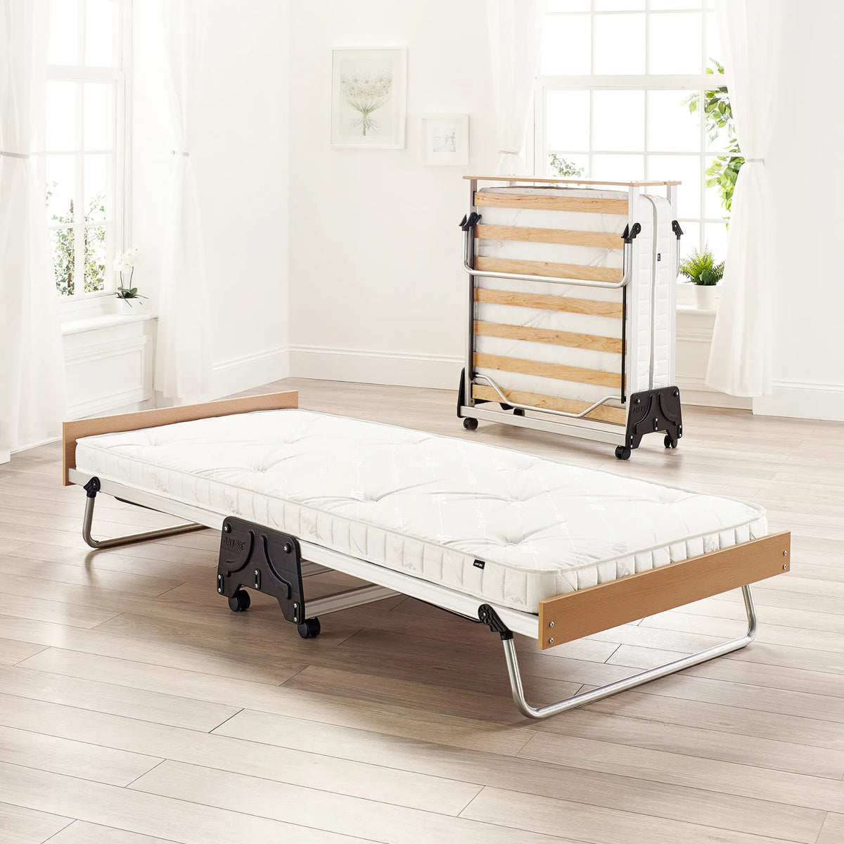J-Bed with Pocket Sprung Mattress – front view showing open and folded positions