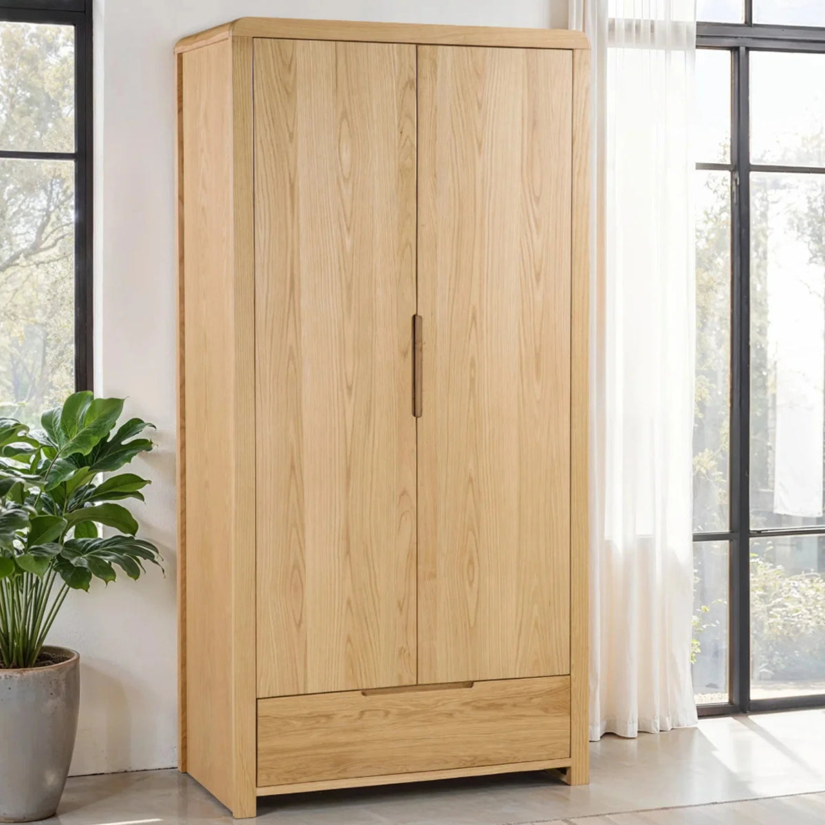 Curve Oak 2-Door Combination Wardrobe – angled front and side view