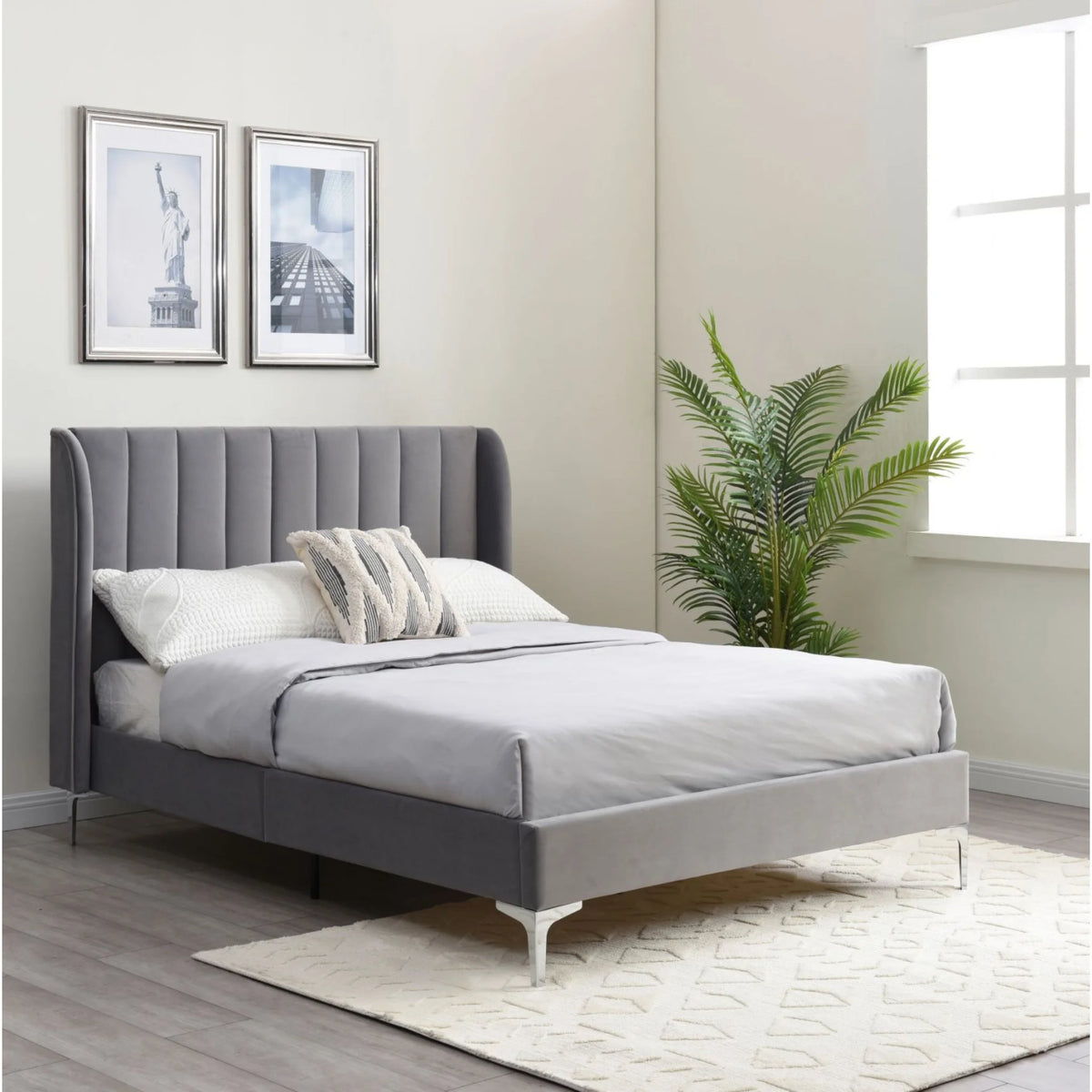 Avery Navy Velvet Bed –full room lifestyle view