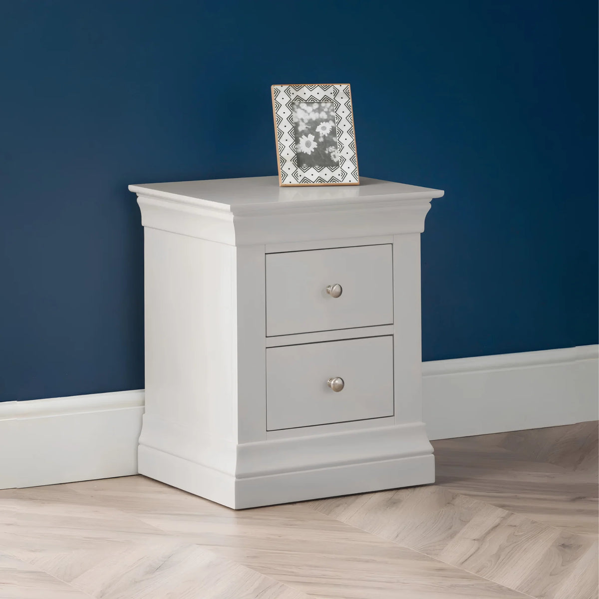 Clermont Grey Wooden 2-Drawer Bedside Chest – three-quarter front view