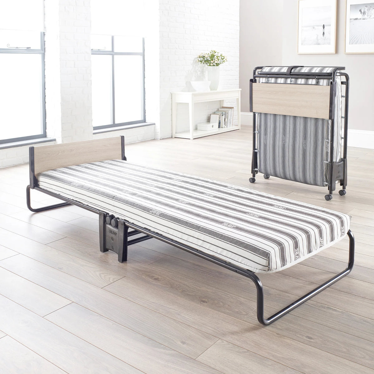 Revolution Folding Bed with Comfort Mattress – front view showing open and folded positions
