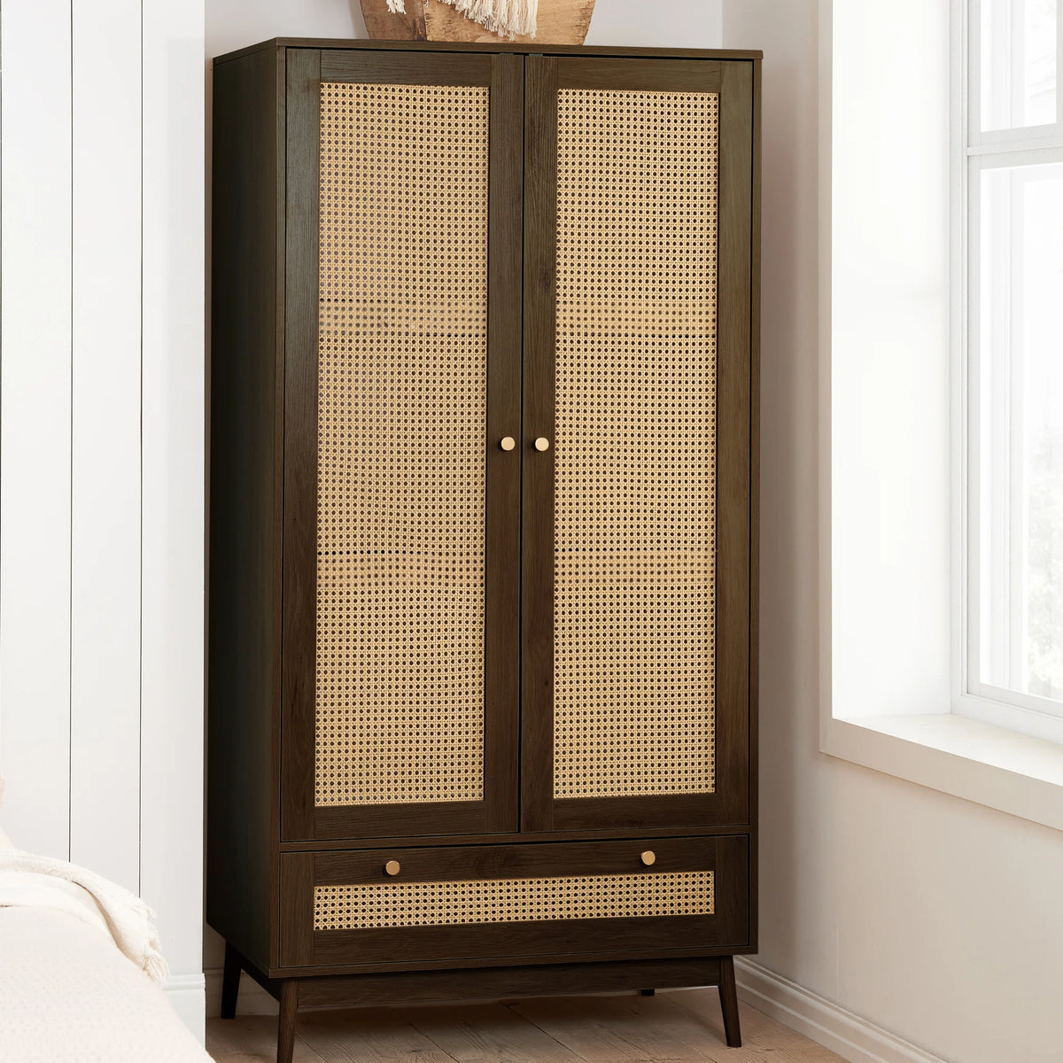 Croxley Walnut Rattan 2-Drawer Combination Wardrobe – front view in room setting