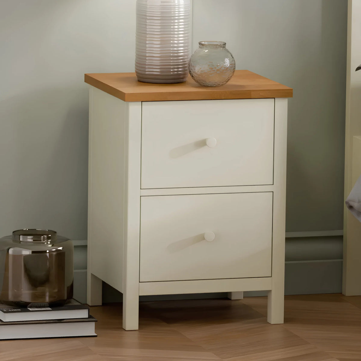 Coxmoor Ivory Wooden 2-Drawer Bedside Chest – front view