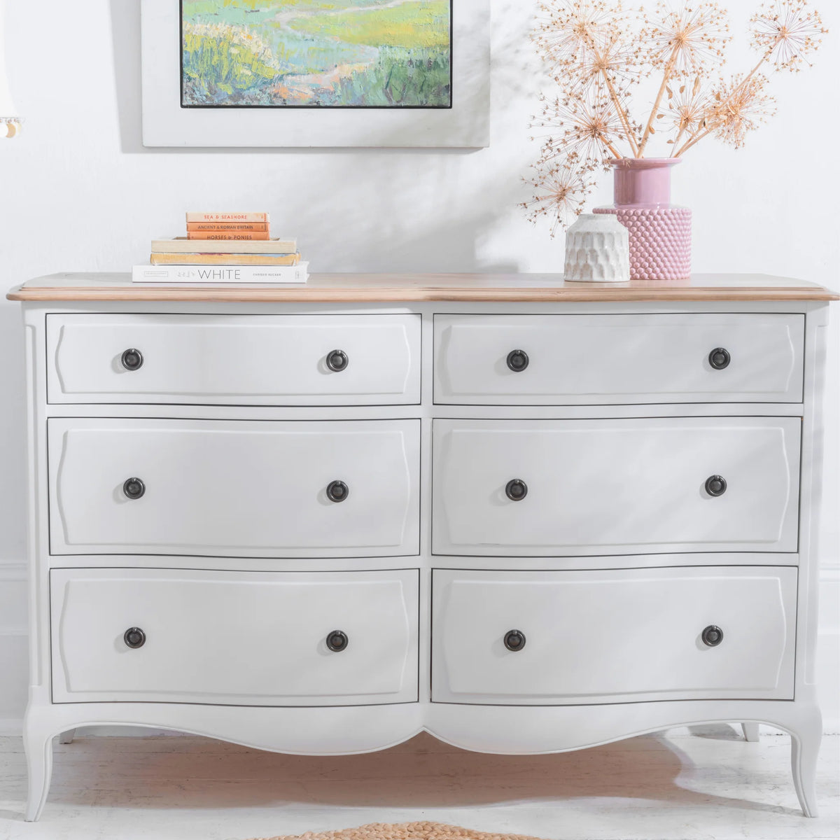Amelie White Wooden 6-Drawer Chest – front view in room setting