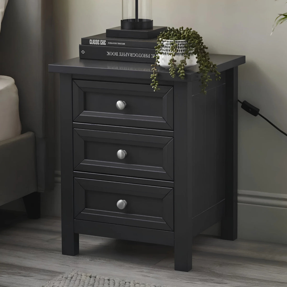 Maine Dark Grey Wooden 3-Drawer Bedside Chest – three-quarter front view
