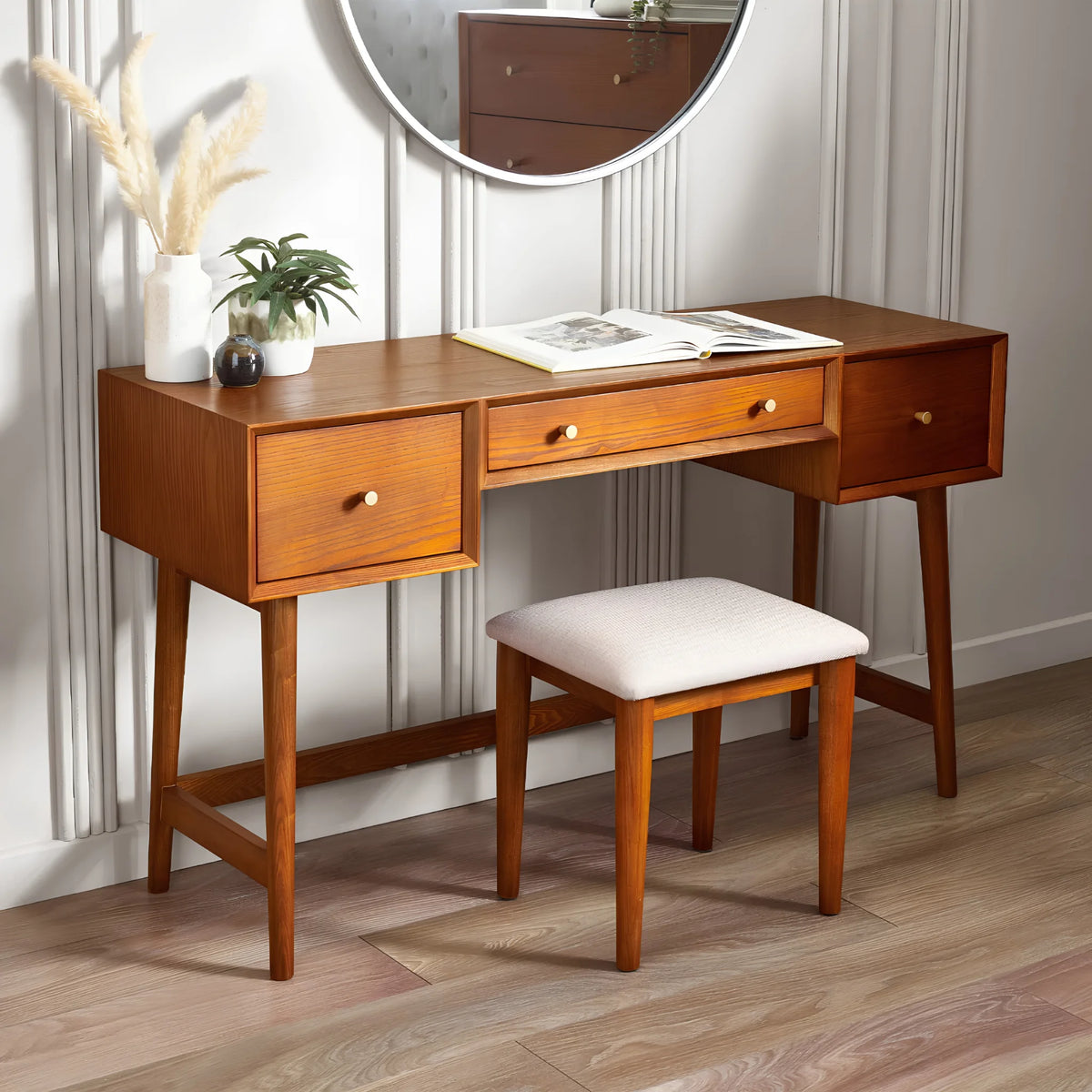 Lowry Cherry Ash 3-Drawer Dressing Table and Stool – angled front and side view