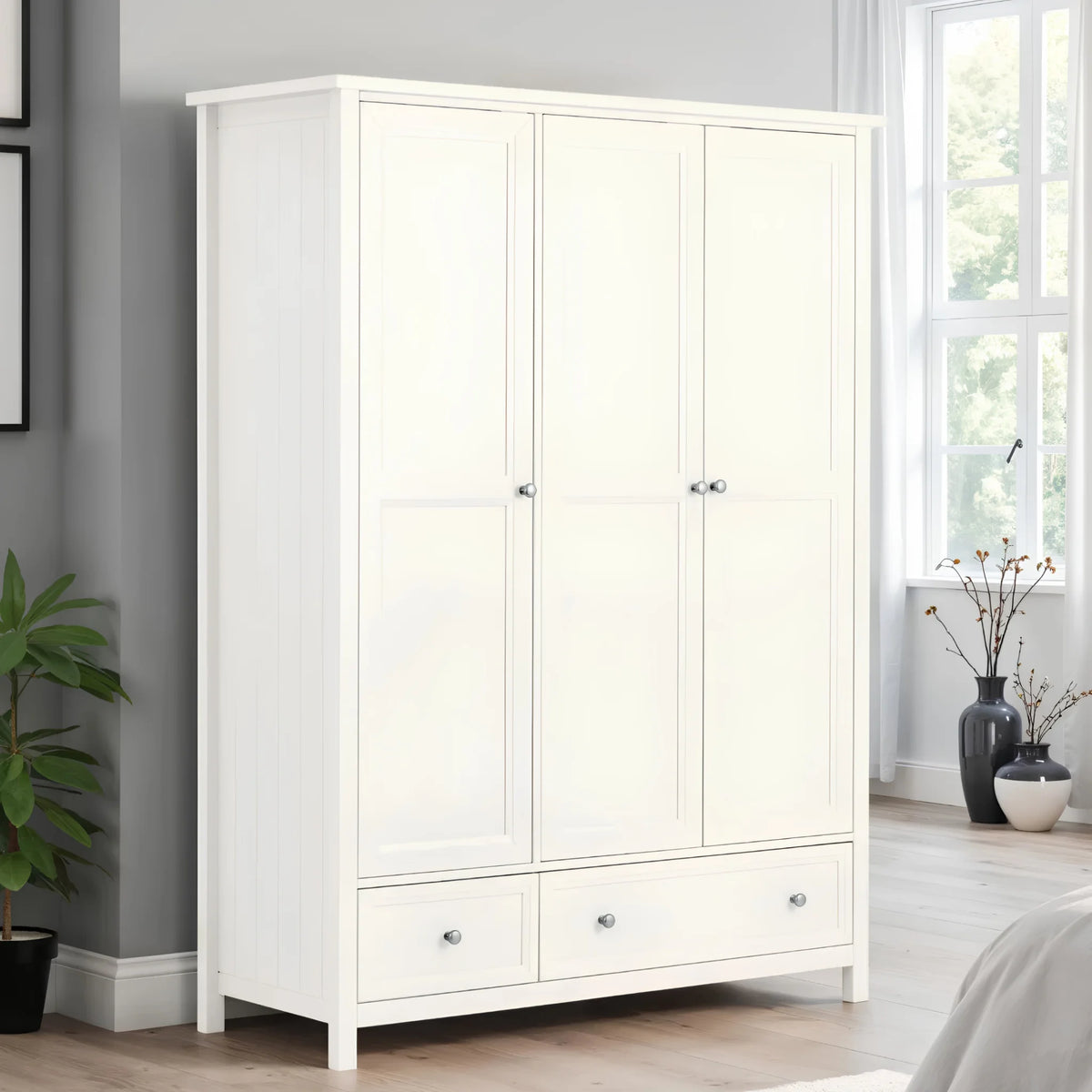 Maine White Wooden 3-Door Combination Wardrobe – three-quarter front view