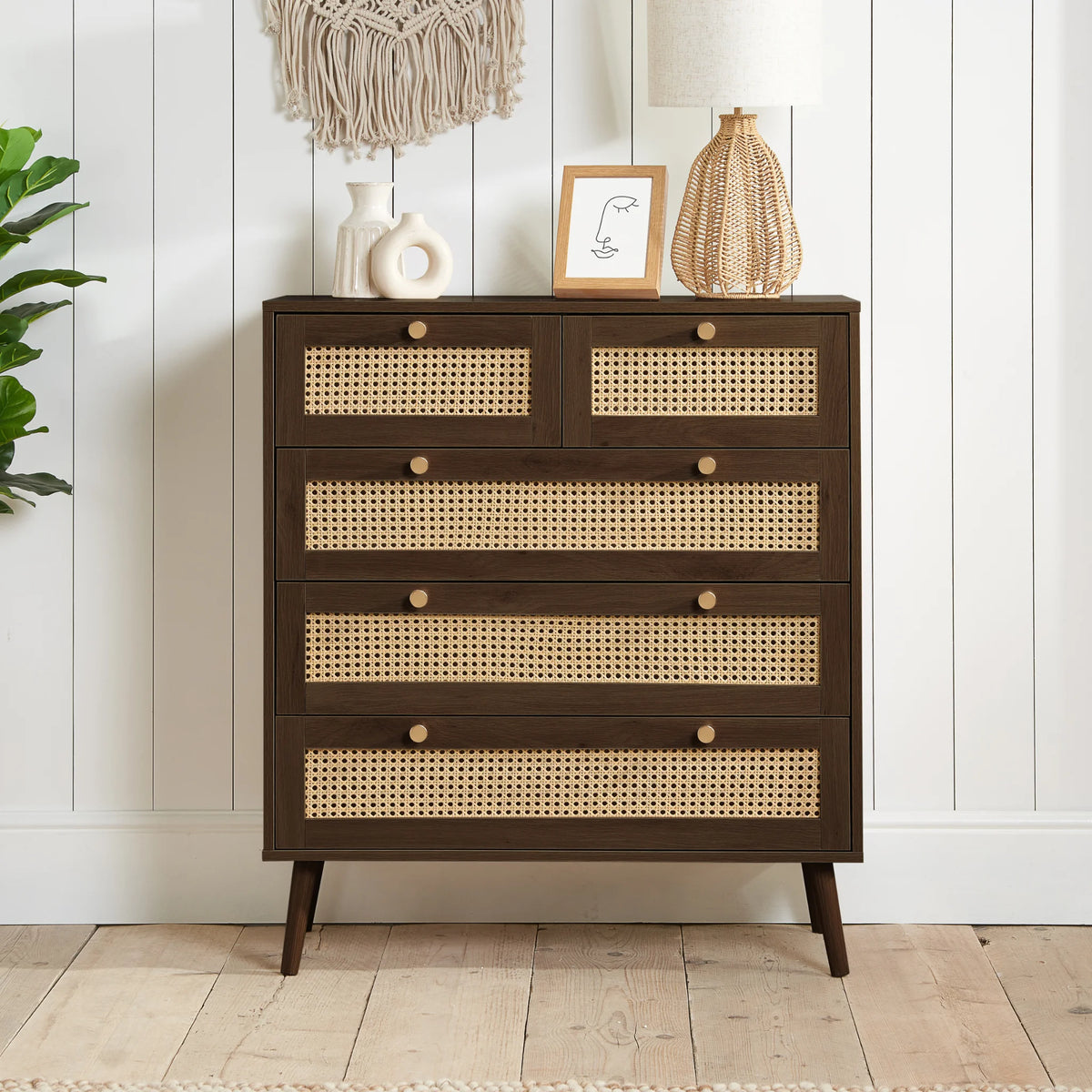 Croxley Walnut Rattan 5-Drawer Chest – front view