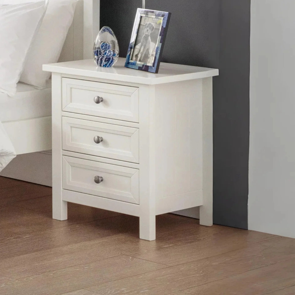 Maine White Wooden 3-Drawer Bedside Chest –front view