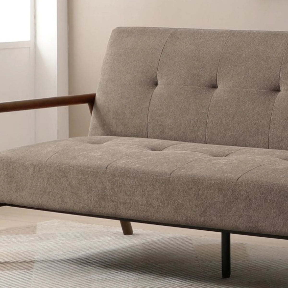 Berkeley Taupe Upholstered Wooden Sofa Bed – backrest and cushion tufted upholstery detail