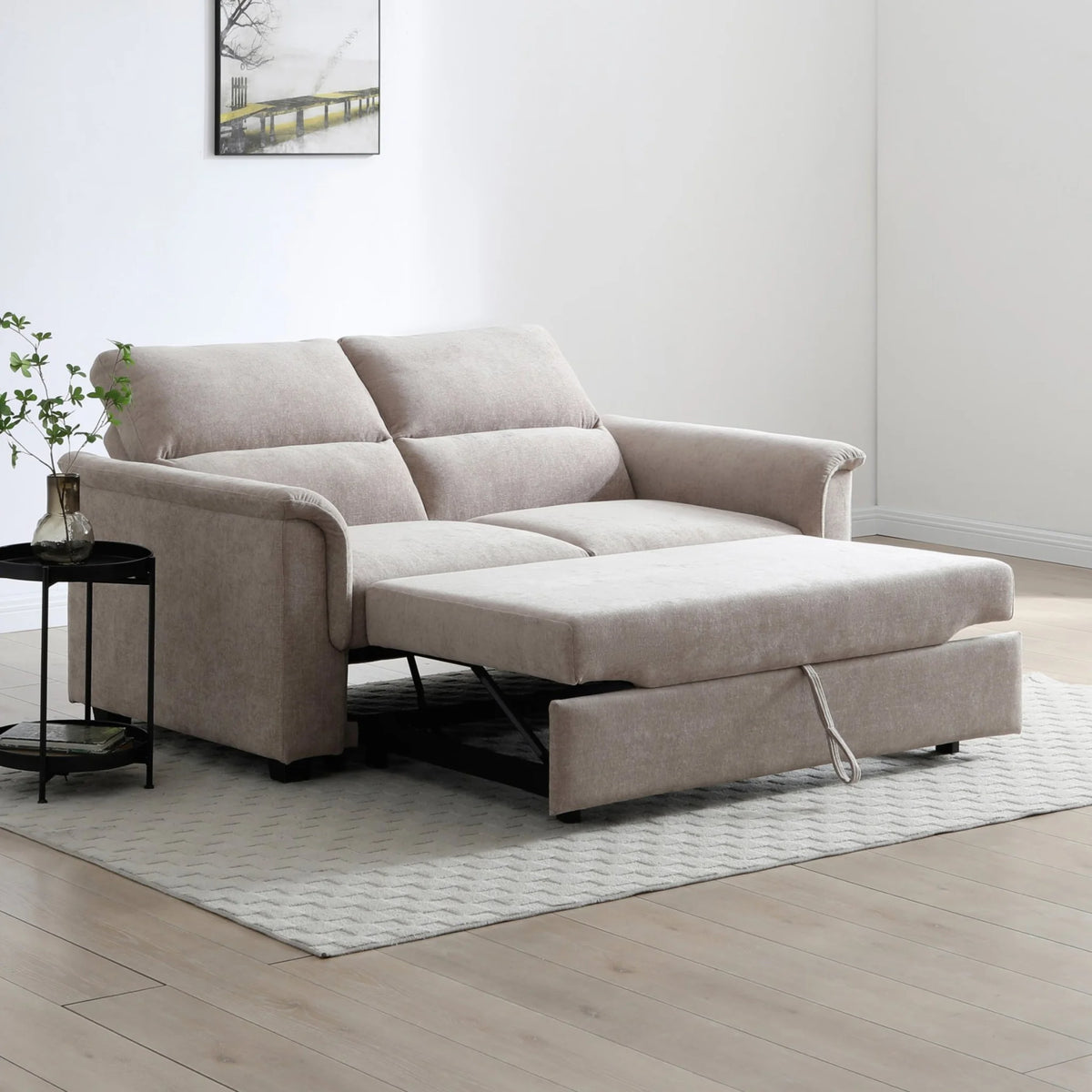 Beckett Taupe Chenille Sofa Bed – extended sleeper configuration view