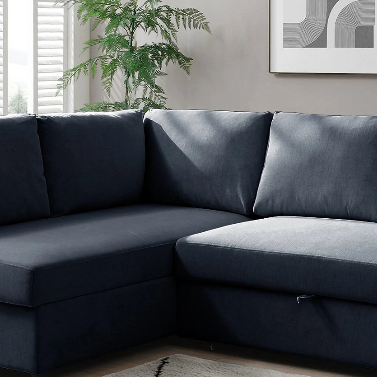 Clara Navy Corner Sofa Bed – close-up of textured fabric and cushion detail