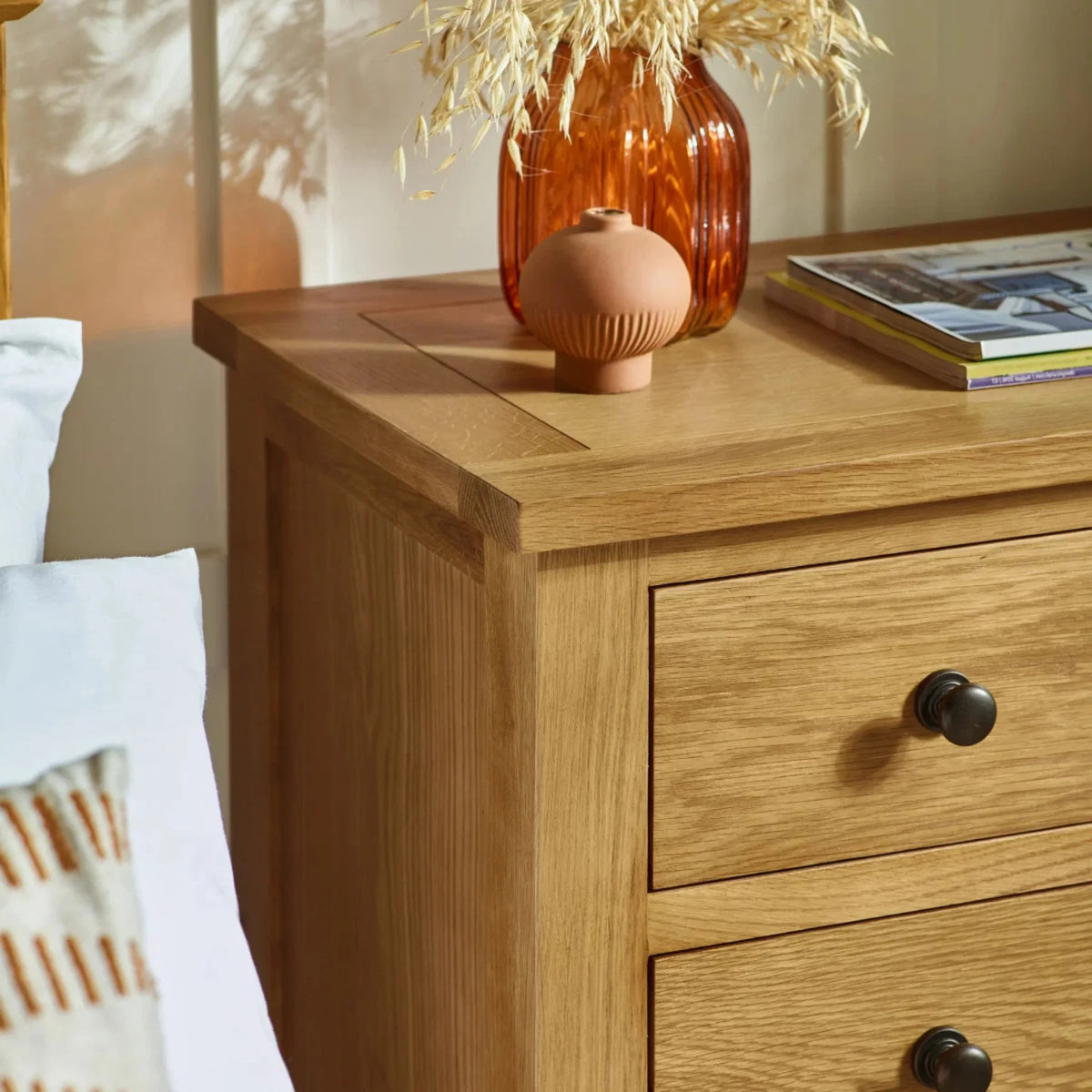 Marlborough Oak 6-Drawer Chest – side angle close-up showing top surface and panel detail