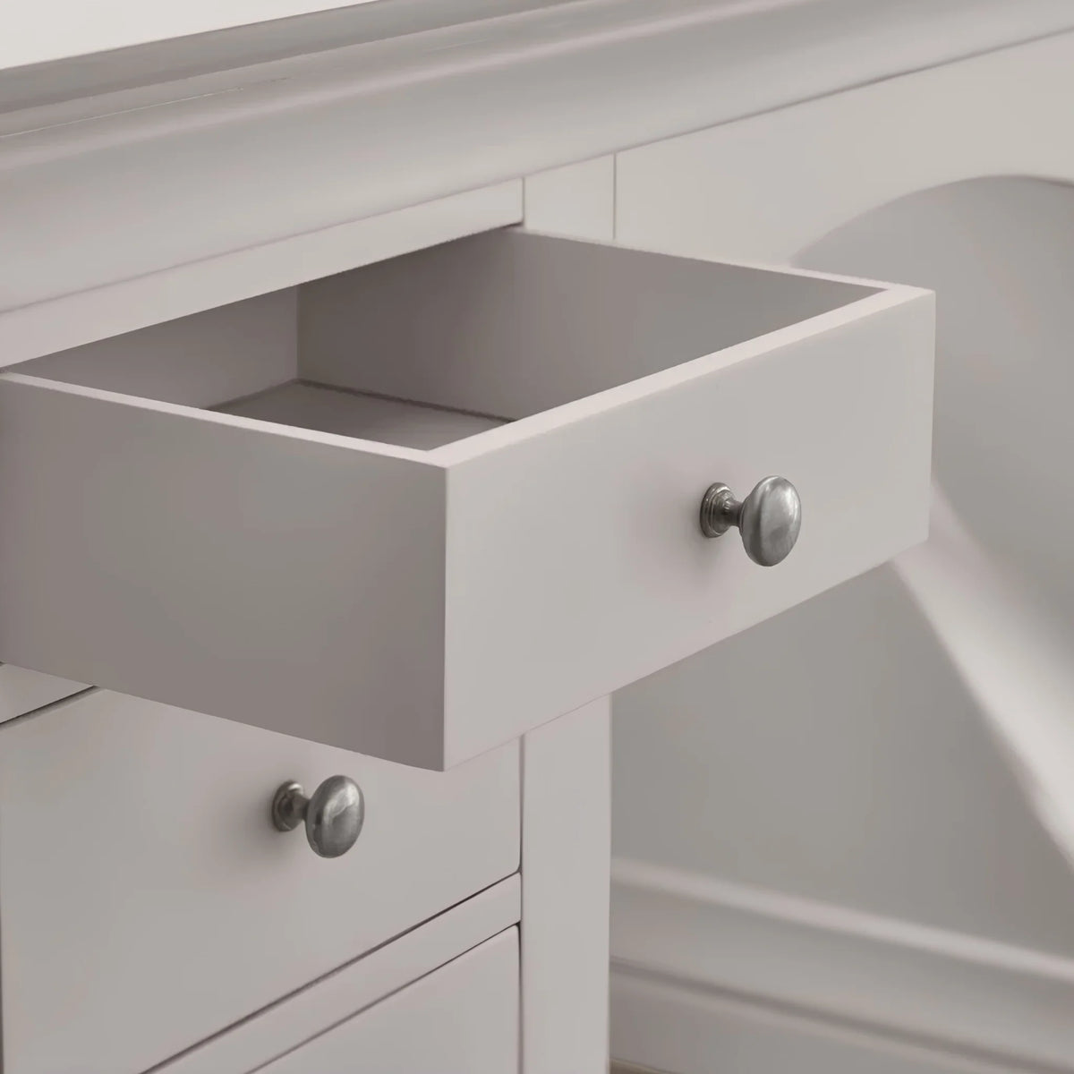 Clermont Grey Wooden 6-Drawer Dressing Table – drawer detail close-up 