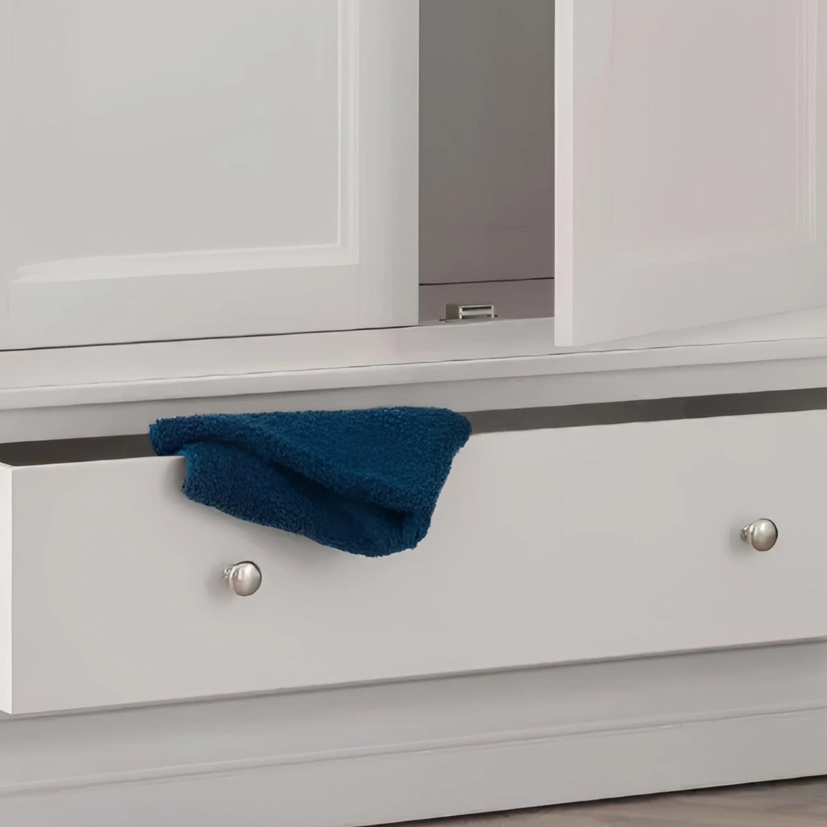 Clermont Grey Wooden 2-Door Combination Wardrobe – bottom section close-up 